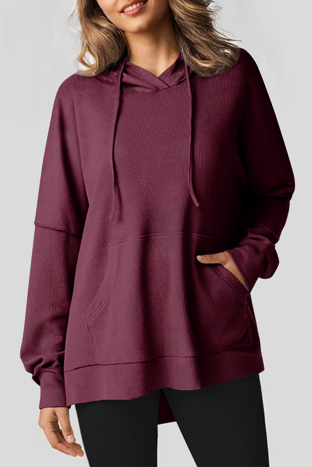 Light Pink Waffle Knit Fleece Lined High Low Oversized Hoodie eAura