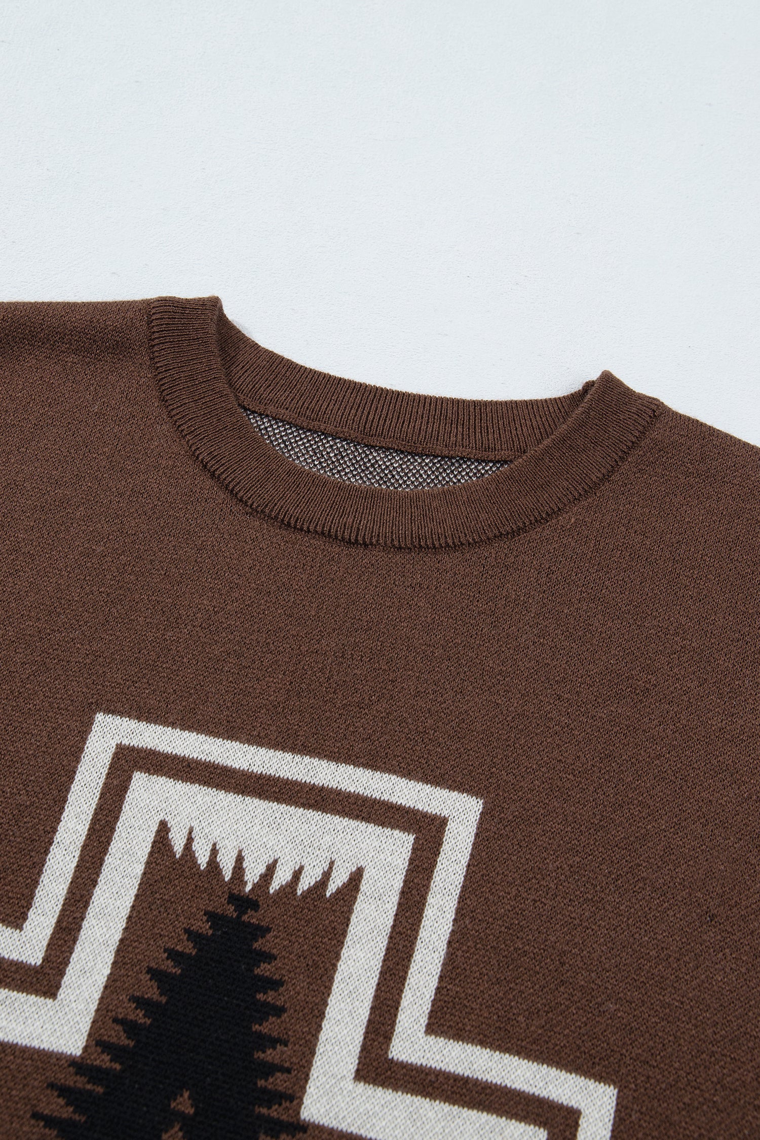 Western Print Short Sleeve Knit Casual Sweater – Brown