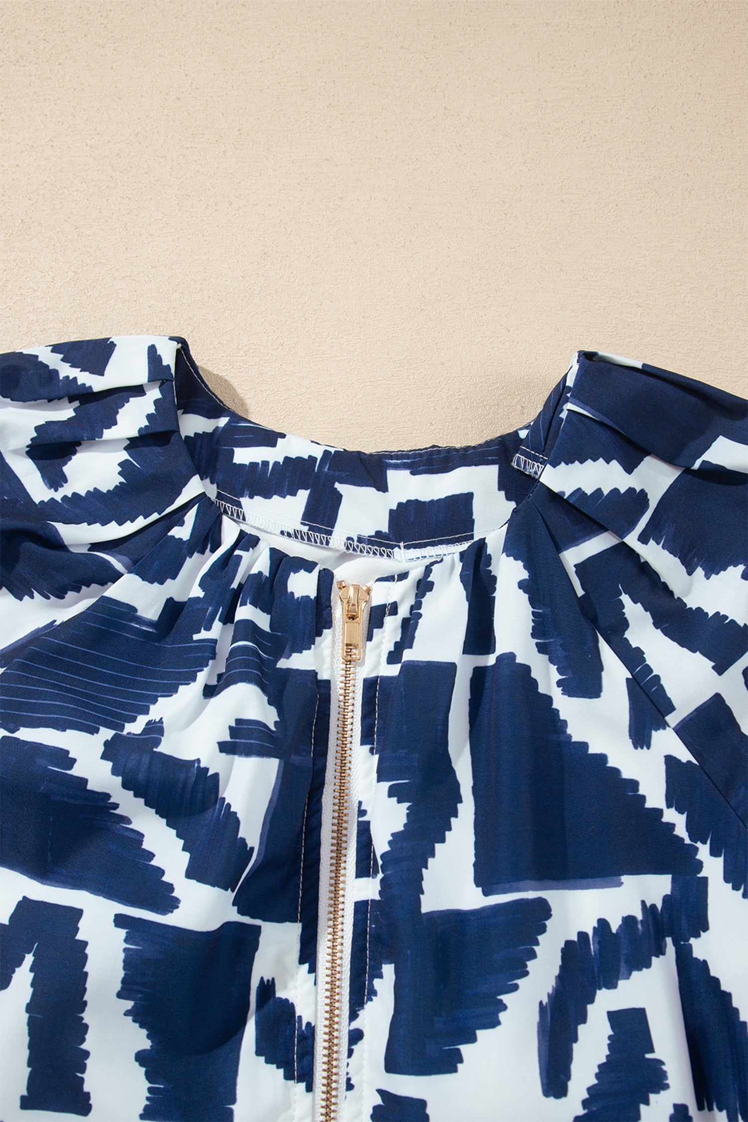 Abstract Geometric Print Zip Front Tie Waist Shift Dress – Blue