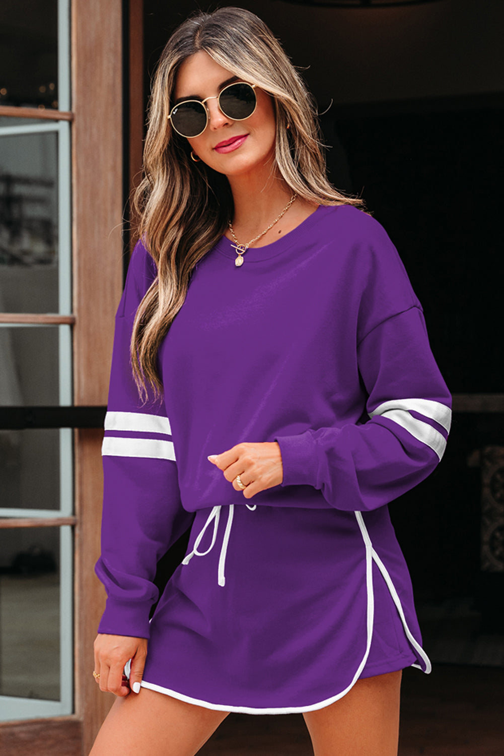 Varsity Stripe Detail Drop Shoulder Pullover Mini Skort Co-ord Set - eAura