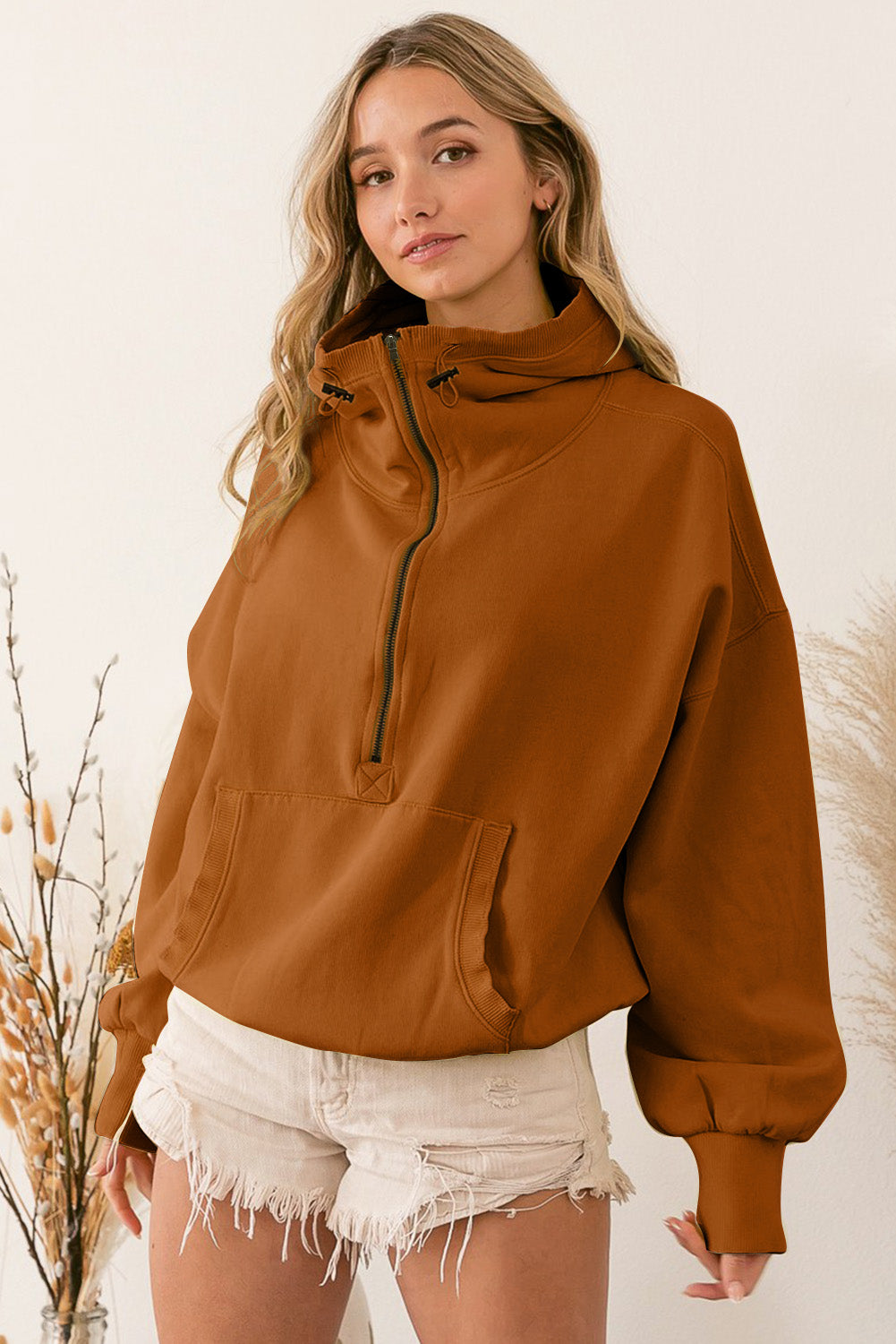 Beige Ribbed Trim Kangaroo Pocket Zipped Hoodie eAura