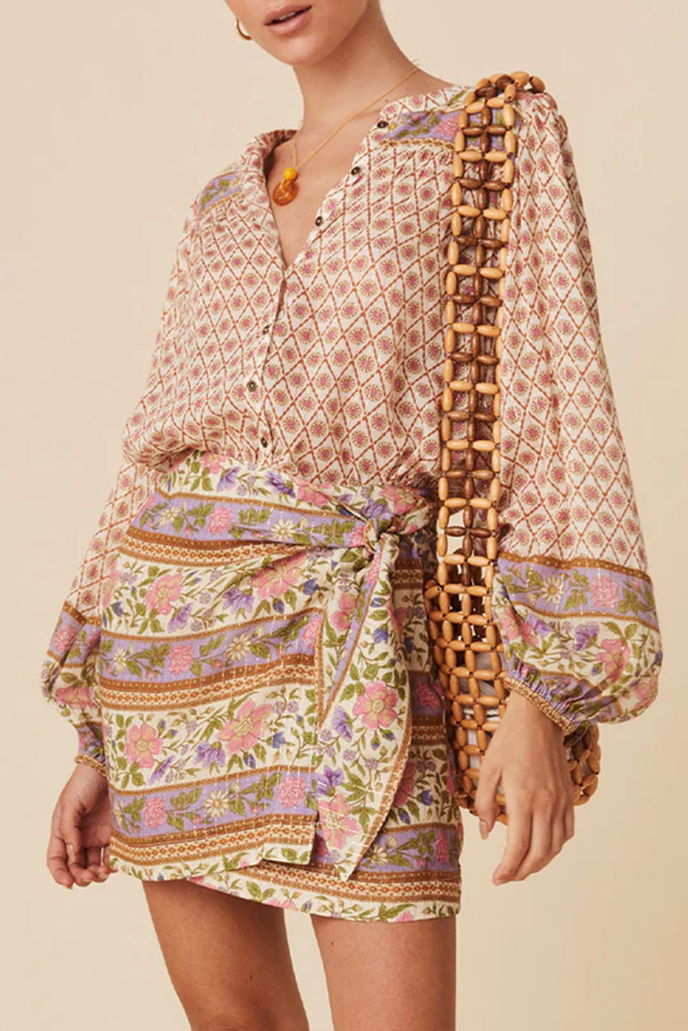 Multicolour Boho Floral Mixed Print Puff Sleeve Shirt eAura