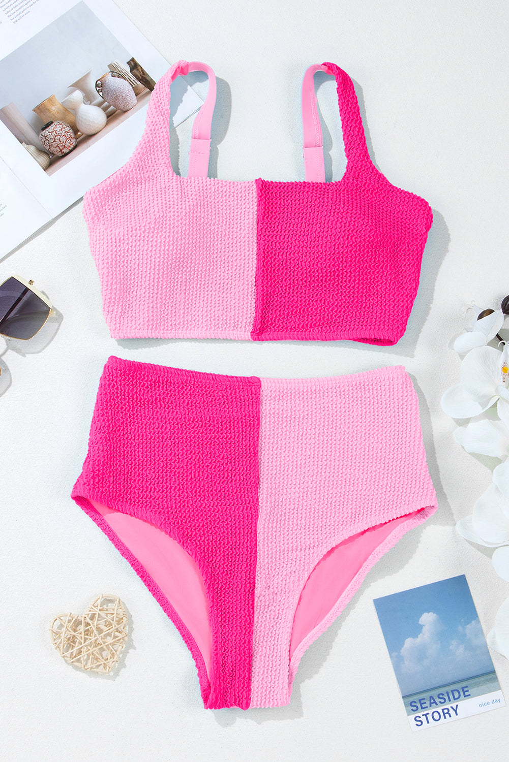 Corded Colorblock Square Neck High Waist Bikini Set