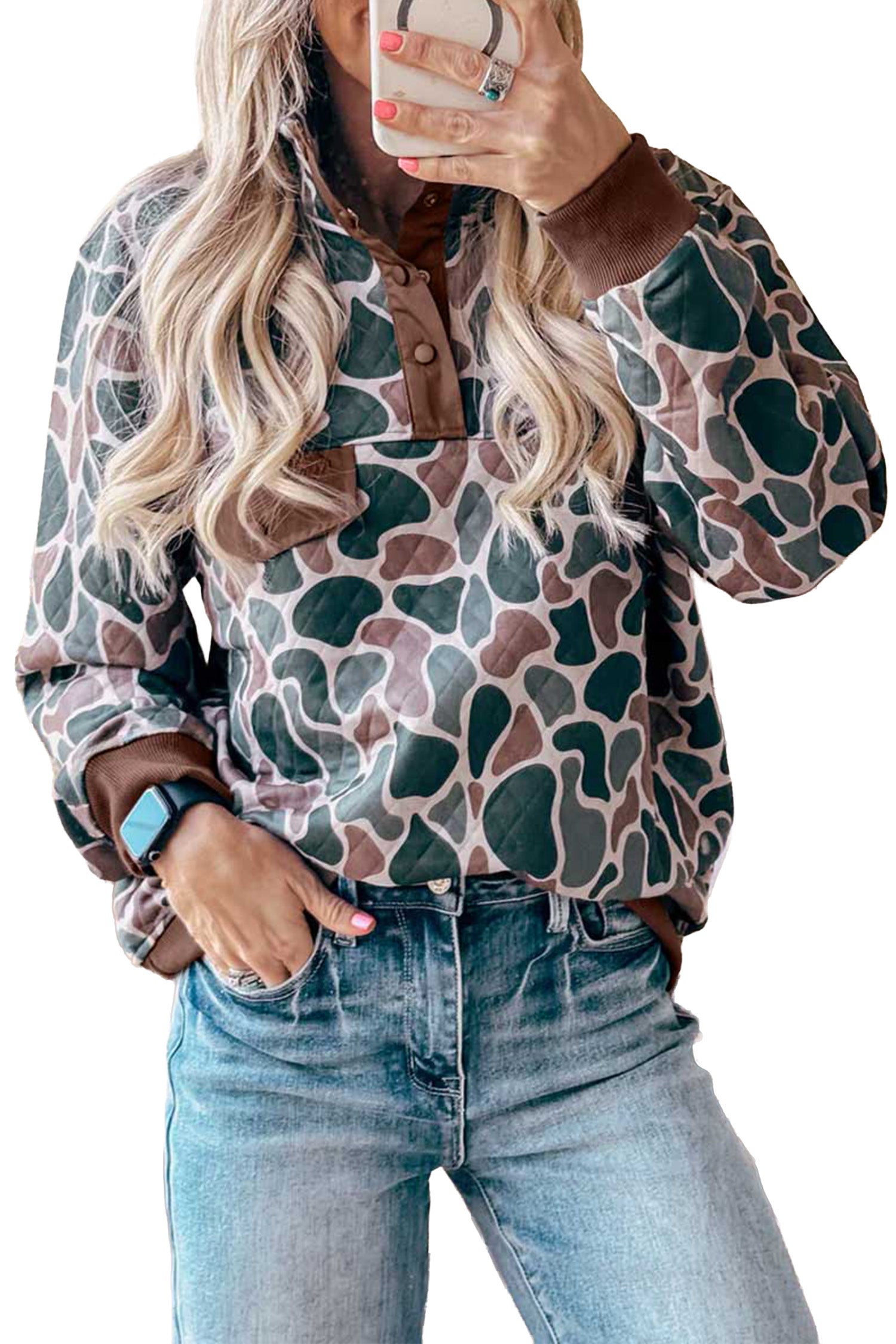 Retro Camouflage Pattern Color Block Detail Button Pullover Sweatshirt – Multicolour