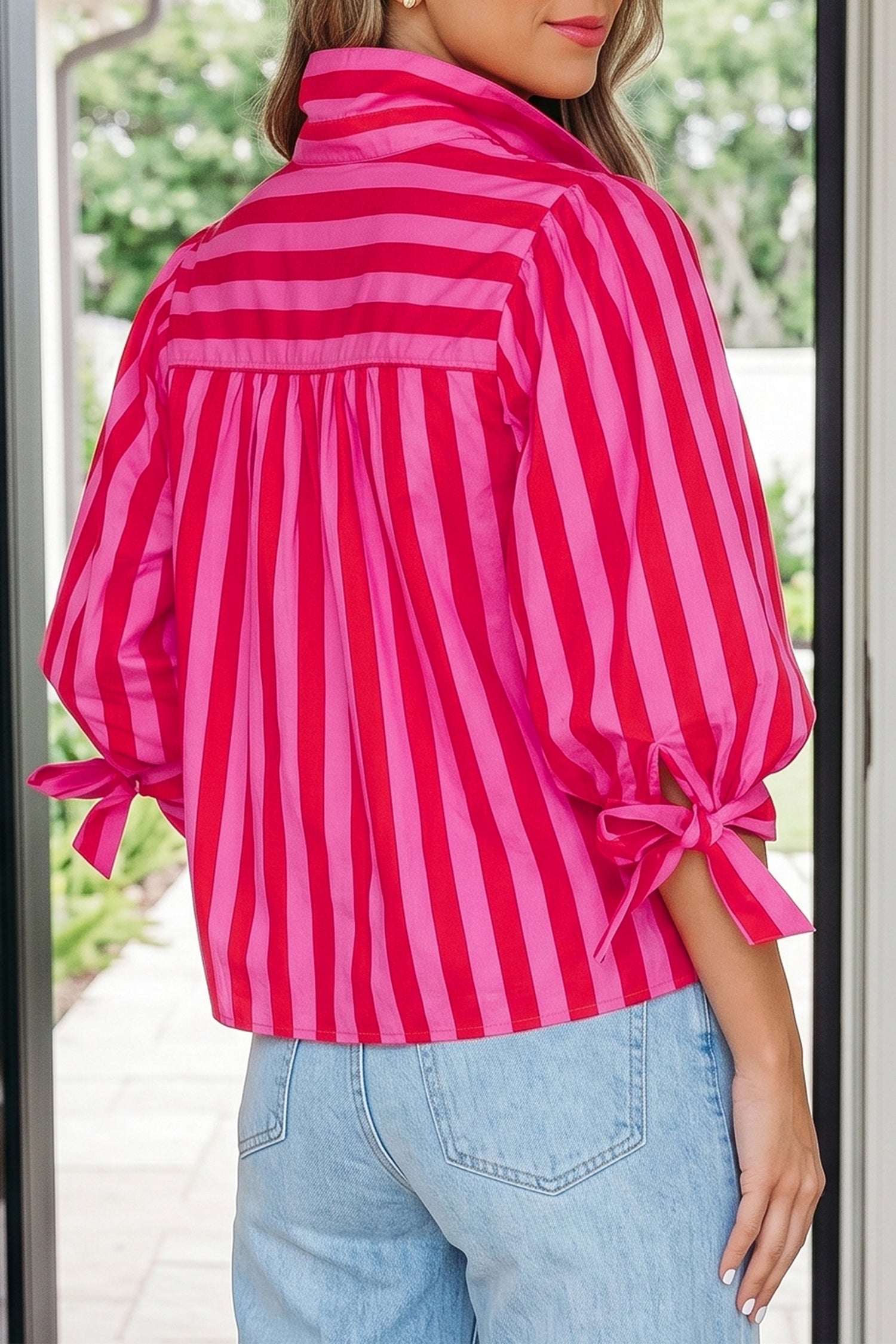 Striped Tie Puff Sleeve Button-Down Shirt