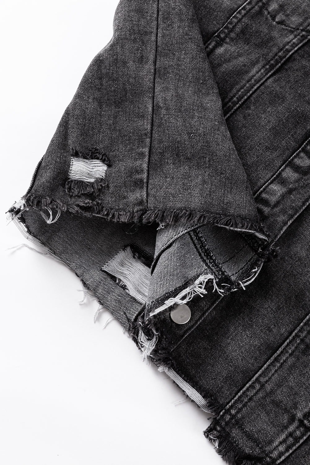 Black Drawstring Hooded Frayed Denim Jacket eAura