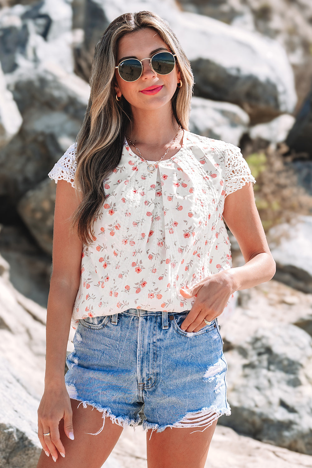 Pink Floral Print Embroidery Detail Crochet Cap Sleeve Blouse eAura