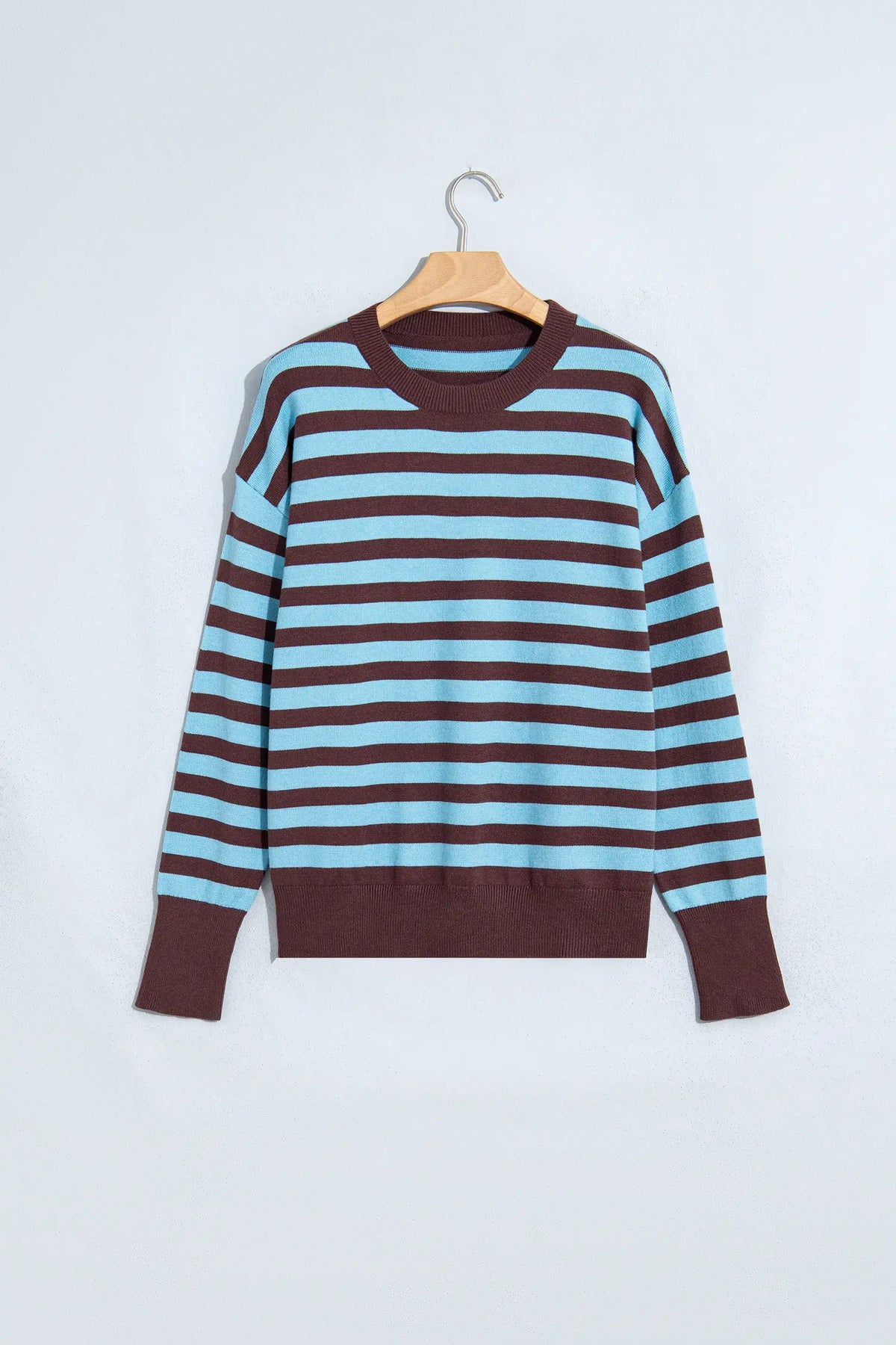 Colour Block Loose Crew Neck Cuffed Sweater – Brown Stripe