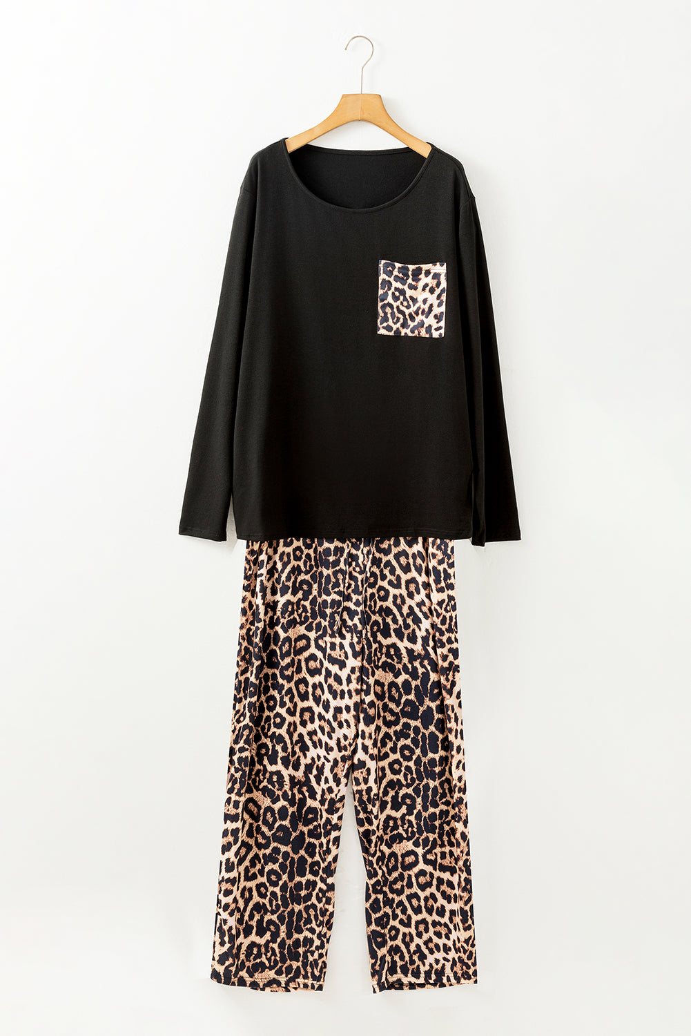 Black Leopard Patched Pocket Long Sleeve Top Plus Size Trousers Set BB Fashion Outlet