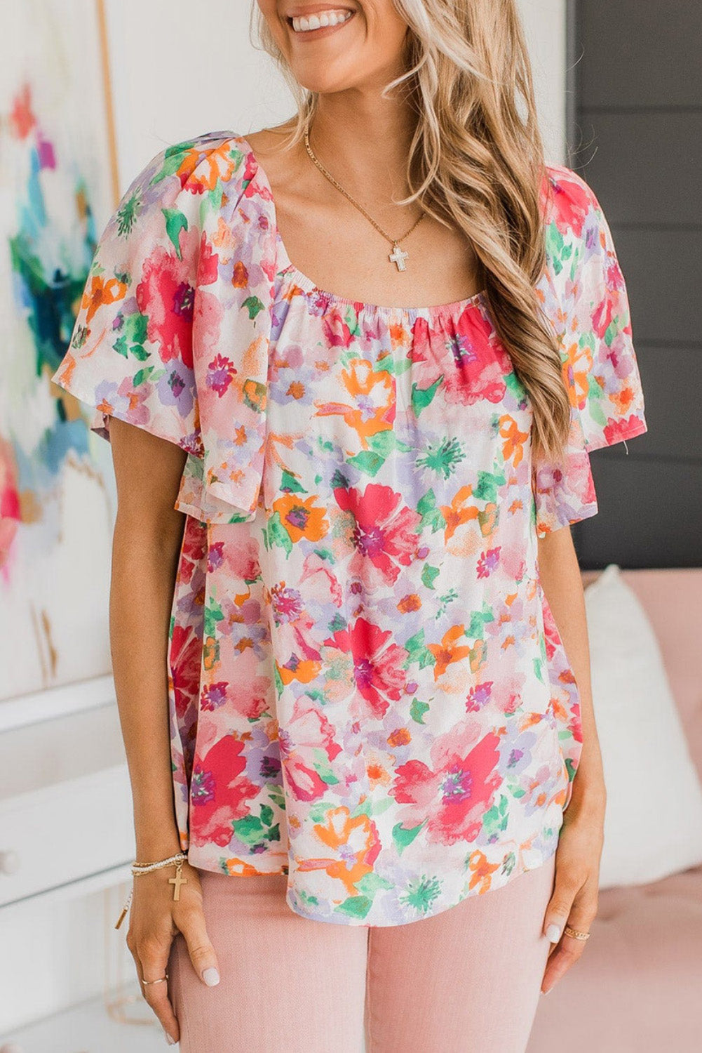 MultiColour WaterColour Floral Square Neck Ruffle Sleeve Blouse eAura