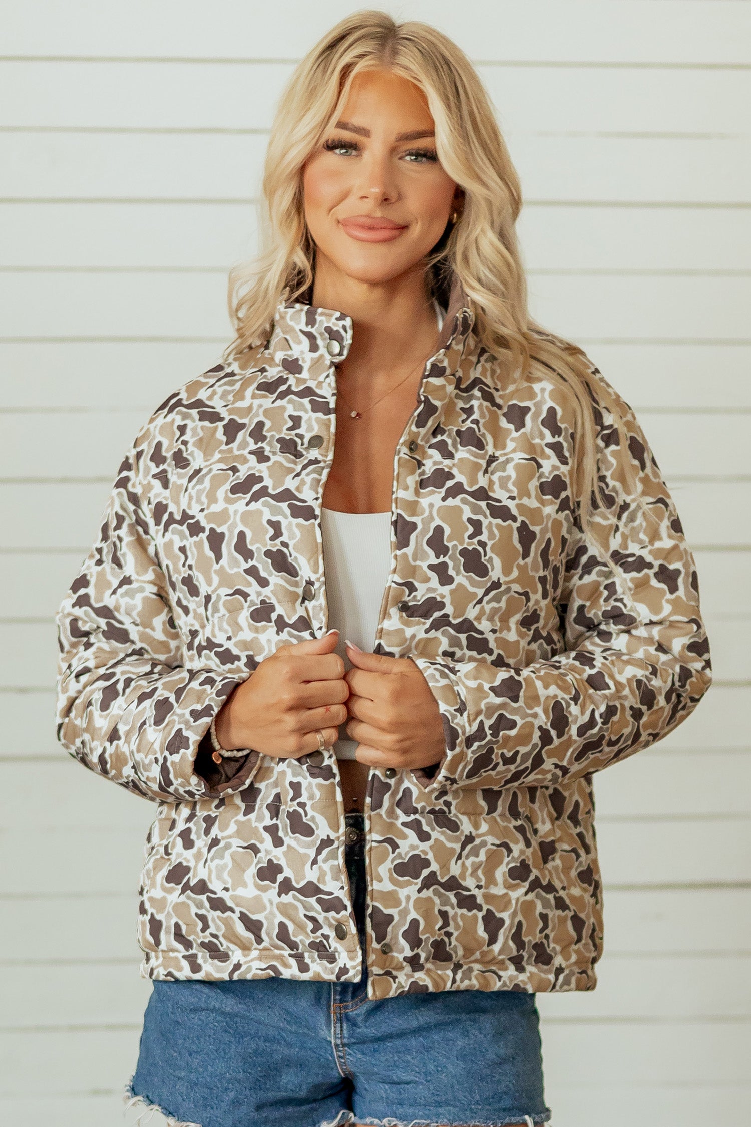 Camouflage Quilted Metal Button Collar Long Sleeve Puffer Coat – Multicolour