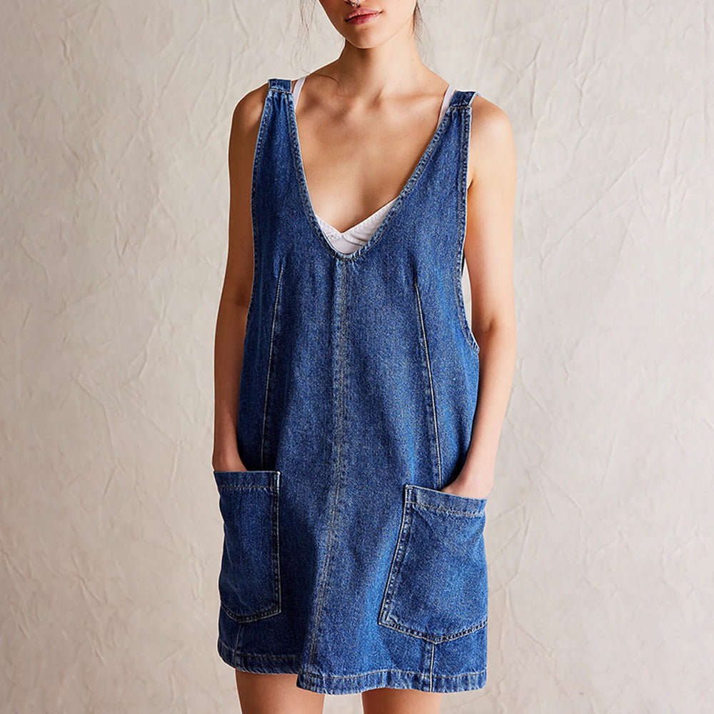 Backless Denim Dress Sleeveless Strap Pocket Pinafore - eAura eAura Backless Denim Dress Sleeveless Strap Pocket Pinafore - eAura eAura