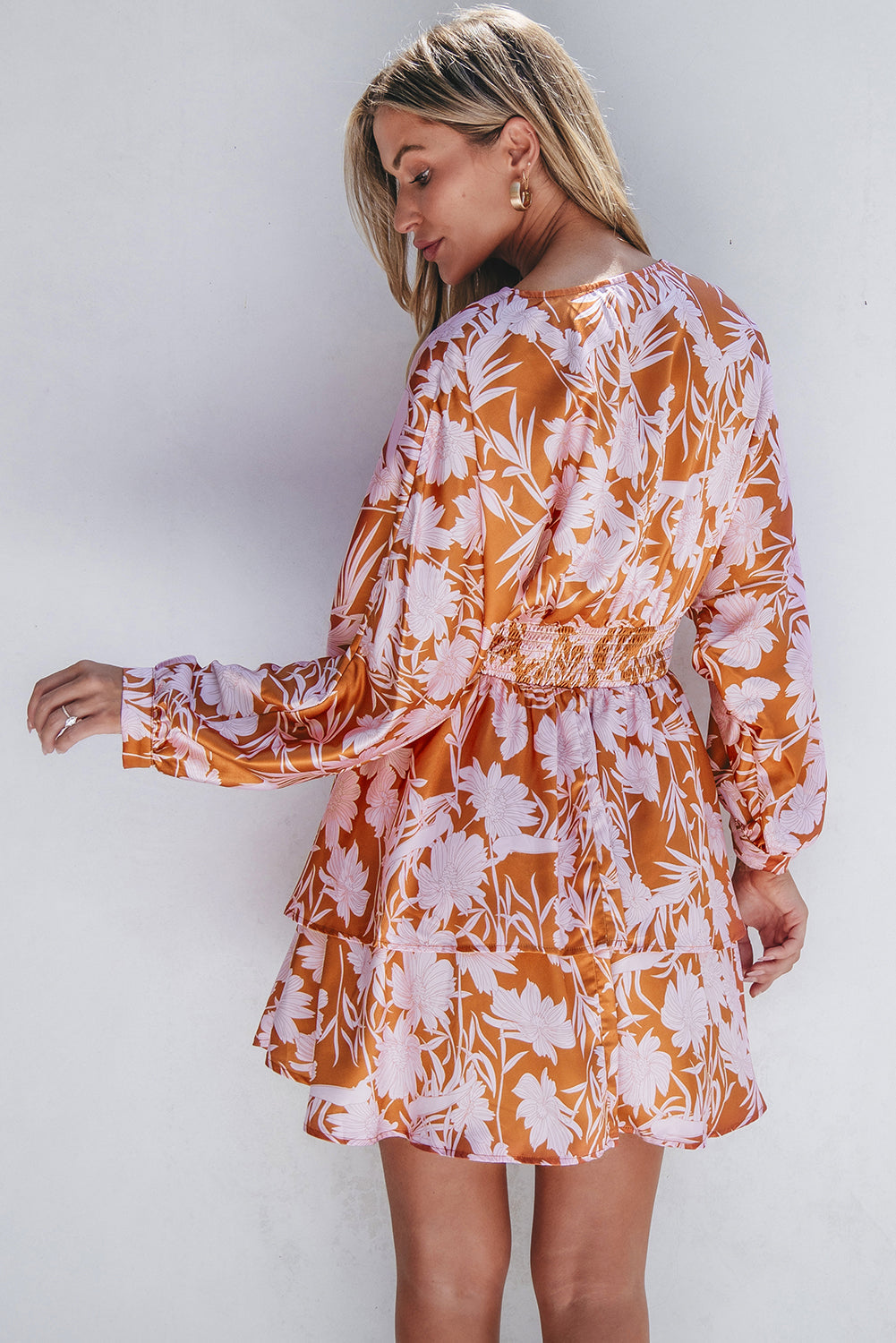 Brown Floral Puff Sleeve Smocked Waist Layered Dress eAura