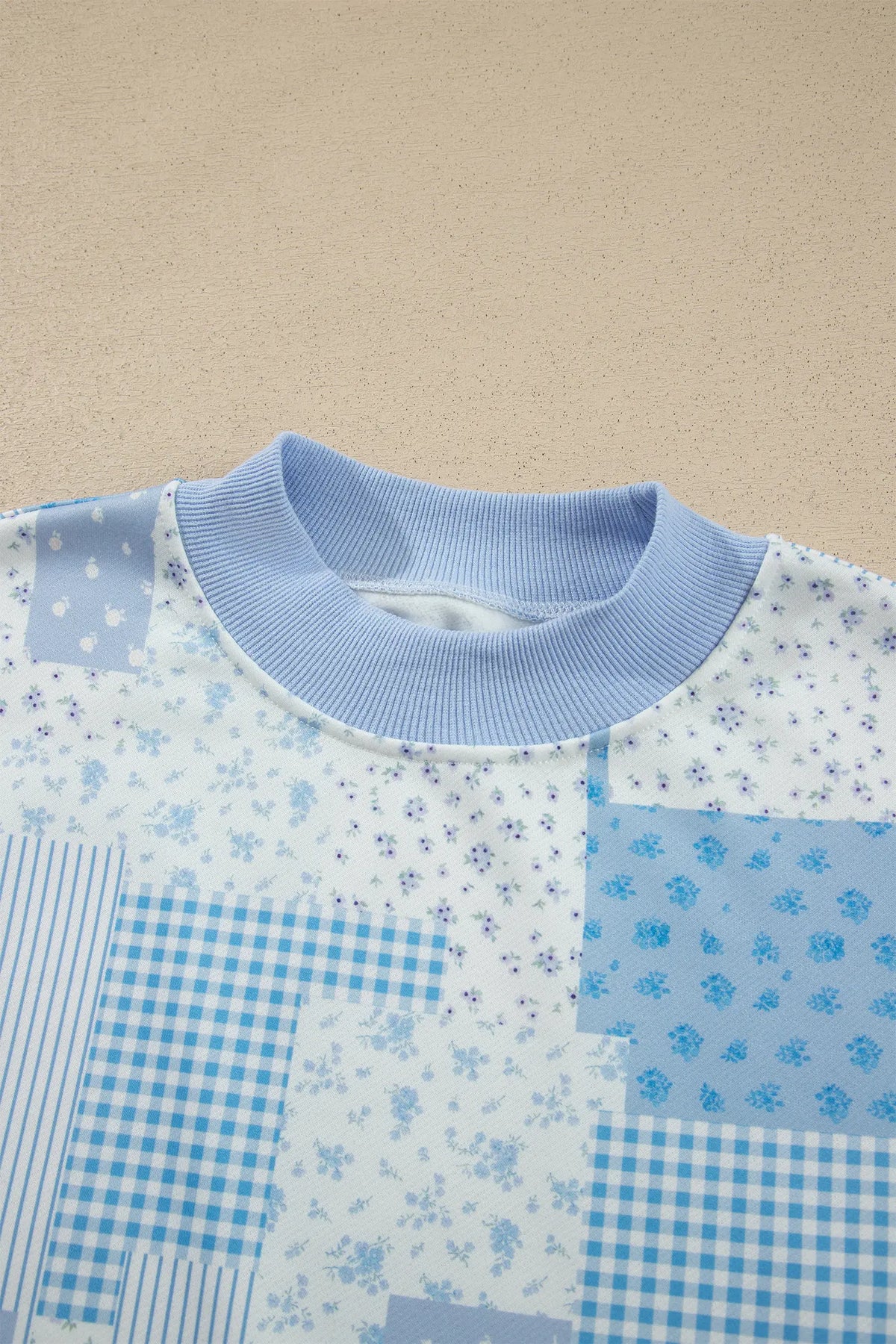 Sky Blue Patchwork Floral Print Drop Shoulder Baggy Pullover Drawstring Shorts Set – Light Blue