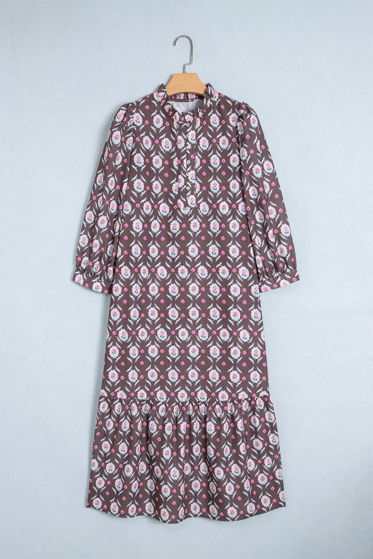 Floral Print Button Front Ruffle Hem Midi Dress – Brown