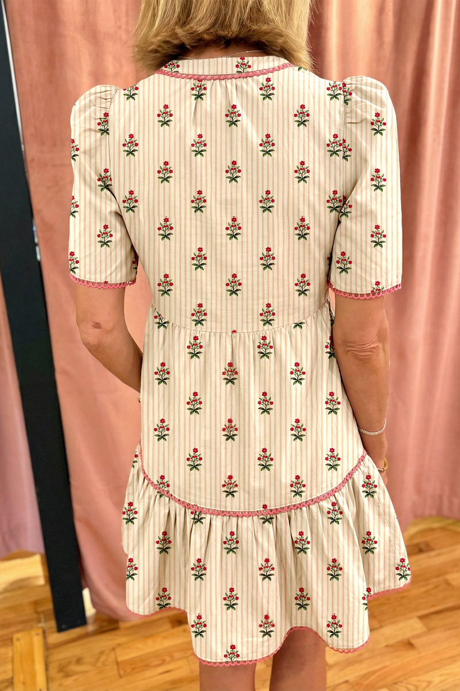 Striped Floral Print Contrast Detail Ruffle Hem Short Dress