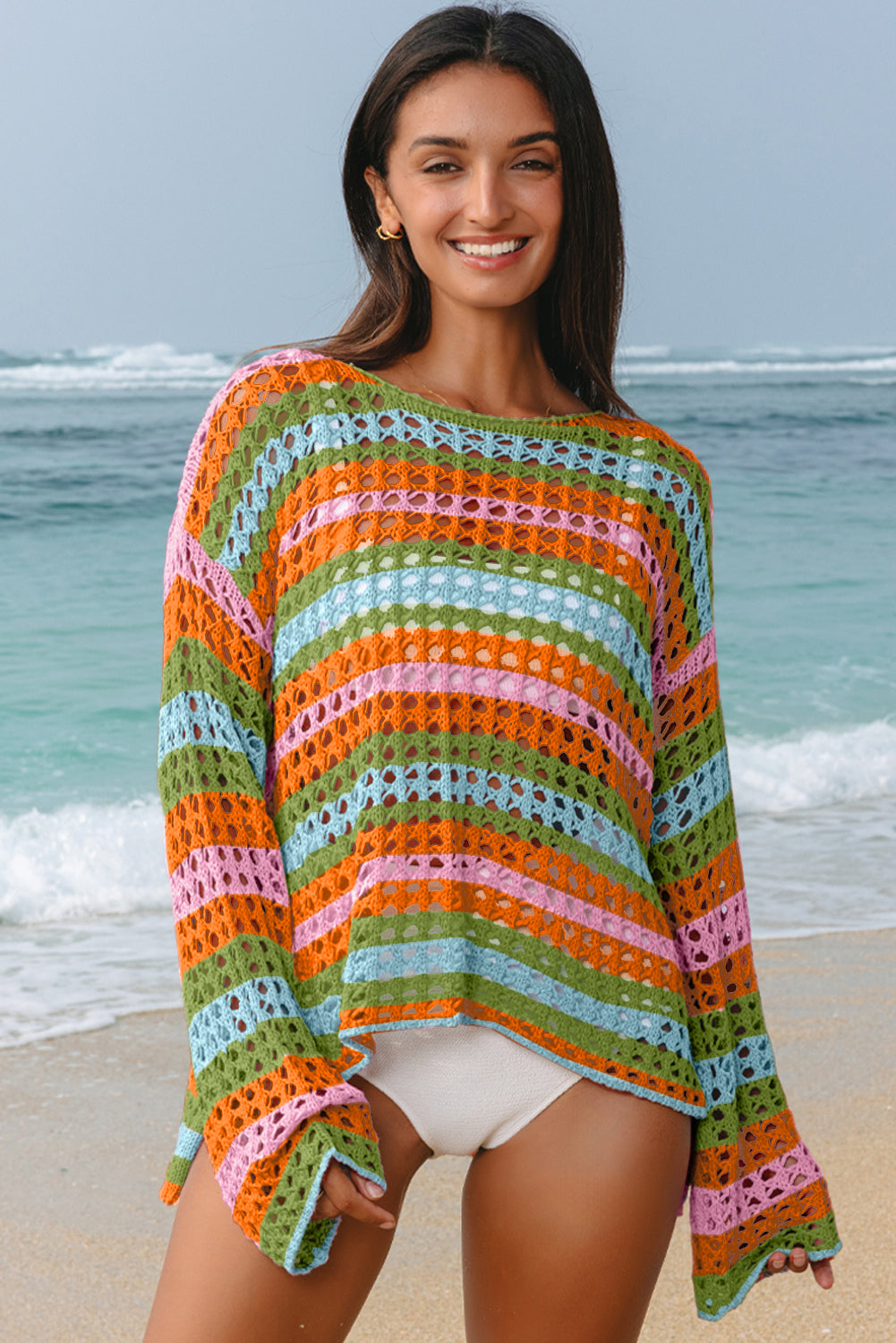 Carrot Multi Stripe Open Knit Sweater Beach Cover Up BB Fashion Outlet