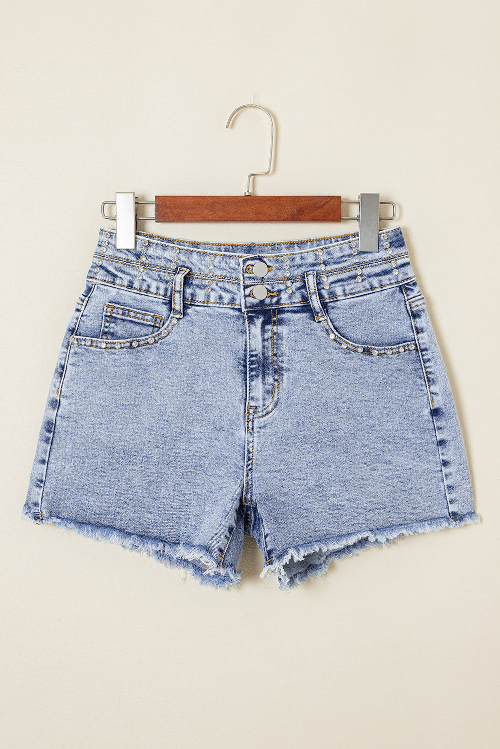 Beau Blue Rhinestone Light Wash Raw Hem High Waist Denim Shorts eAura