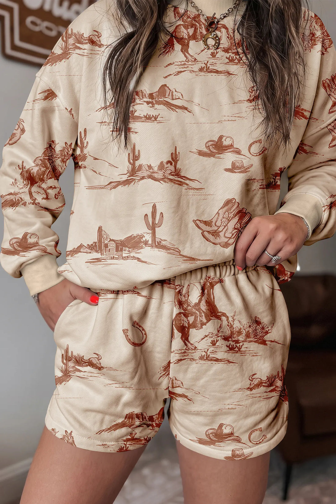 Western Print Loose Fit Long Sleeve Top Short Set – Beige