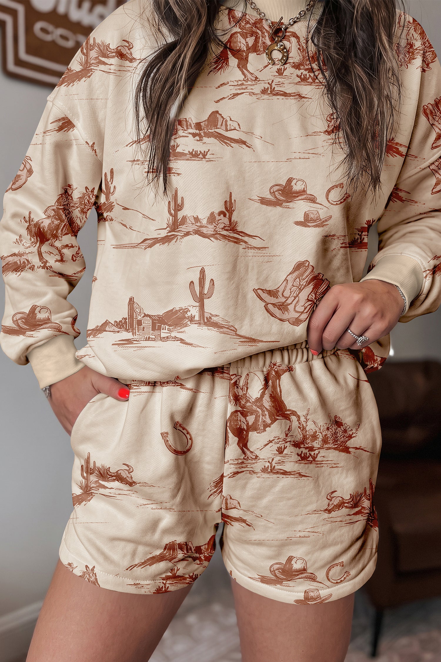 Western Print Loose Fit Long Sleeve Top Short Set – Beige