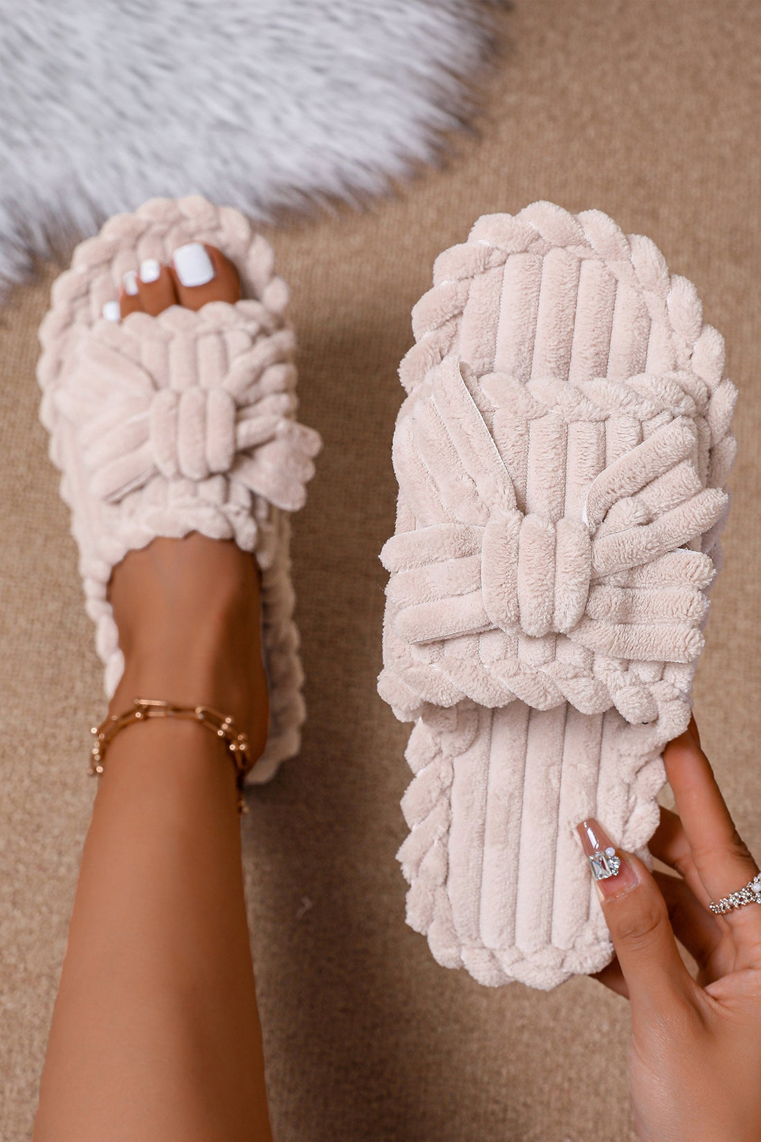 White Bow Knot Decor Corduroy Open Toe Slippers - eAura