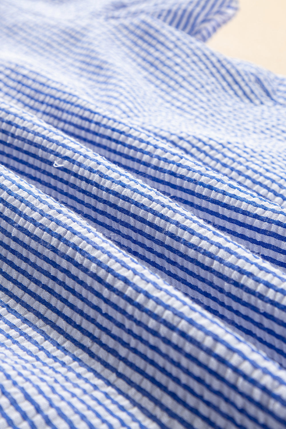 Sky Blue Stripe Textured Ruffle Short Sleeve Boho Detail Square Neck Blouse eAura