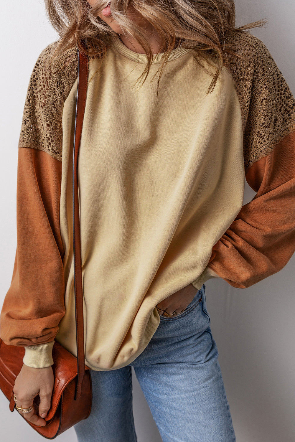 Lace Patchwork Colour-block Drop Shoulder Sweatshirt - eAura