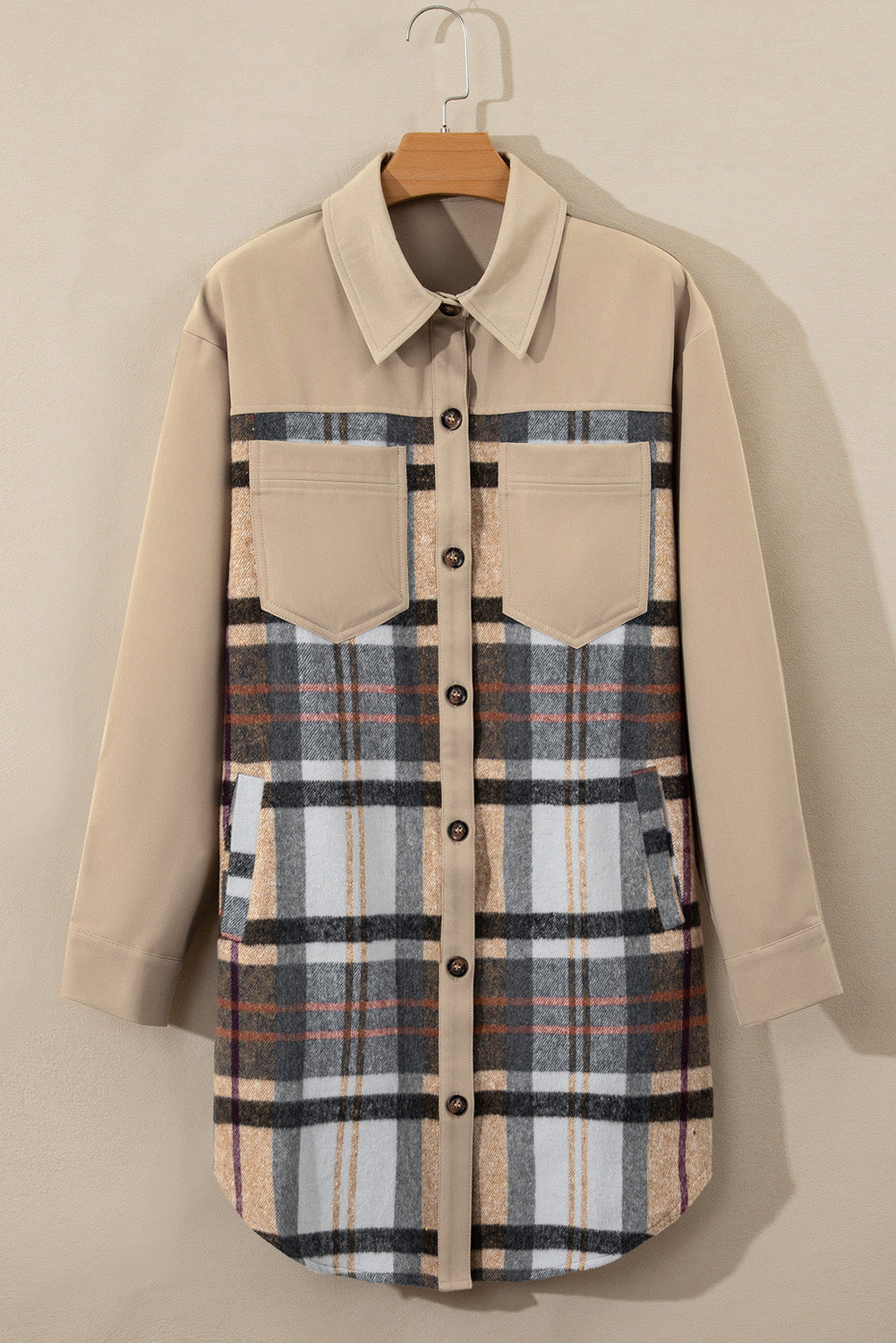 Khaki Plaid Patchwork Long Sleeve Shirt Mini Dress eAura
