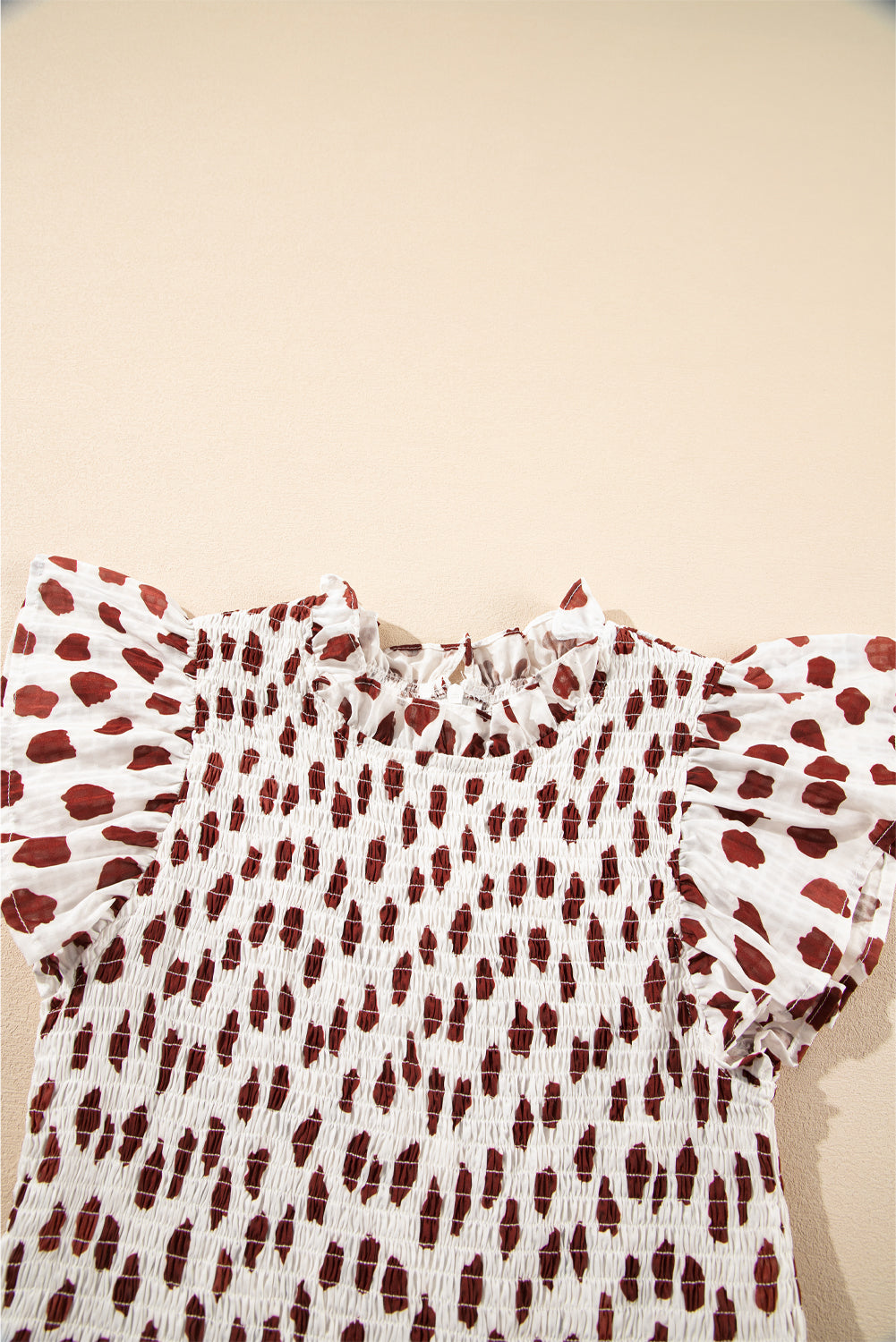 Brown Abstract Printed Flutter Sleeve Smocked Bodice Short Dress eAura