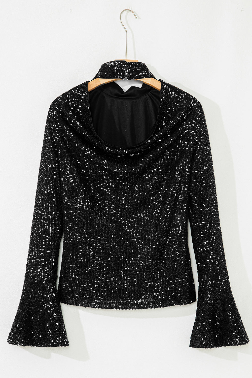 Black Sequin Mock Neck Drape Open Back Bell Sleeve Top eAura