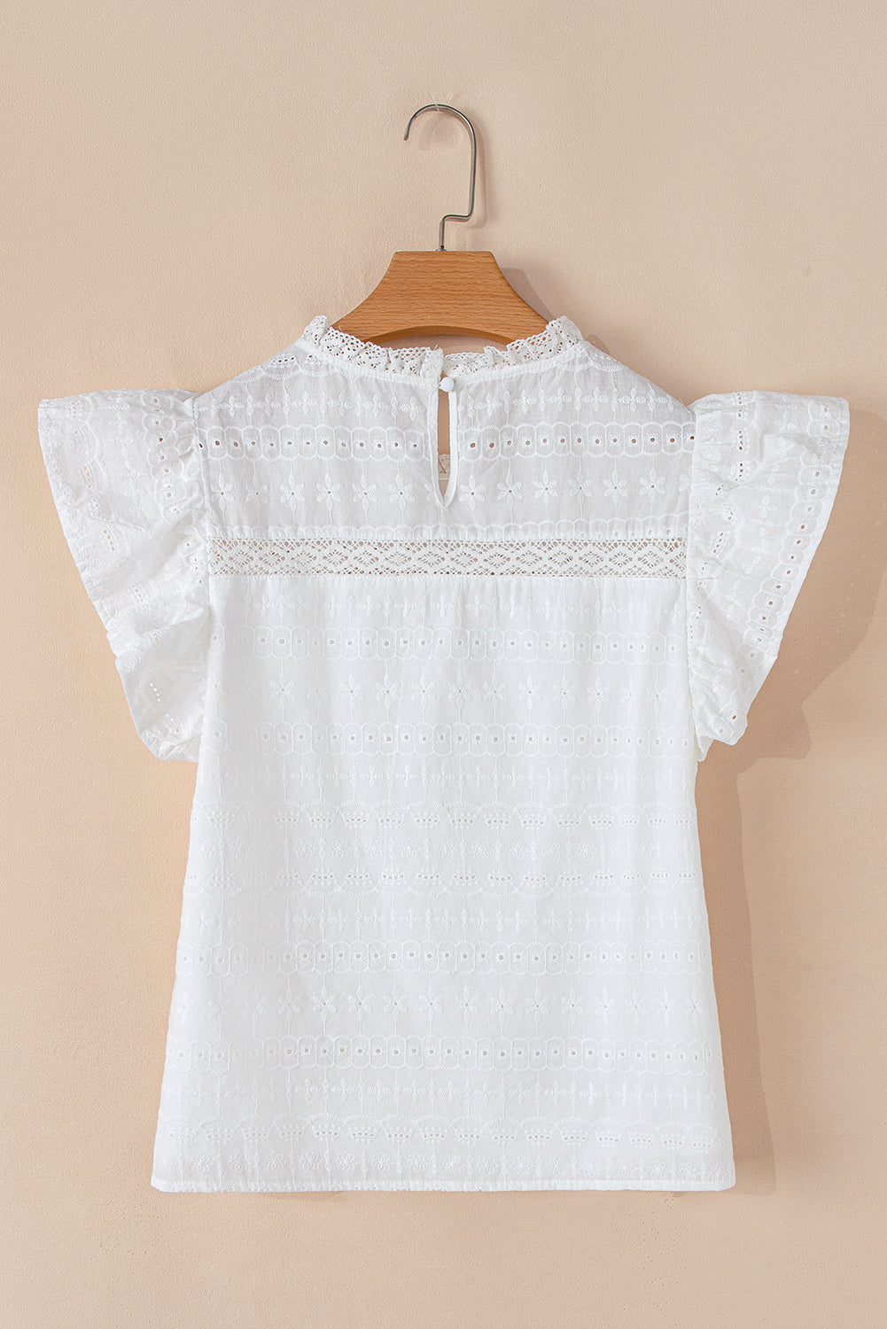 White Lace Neckline Flutter Sleeve Eyelets Blouse eAura