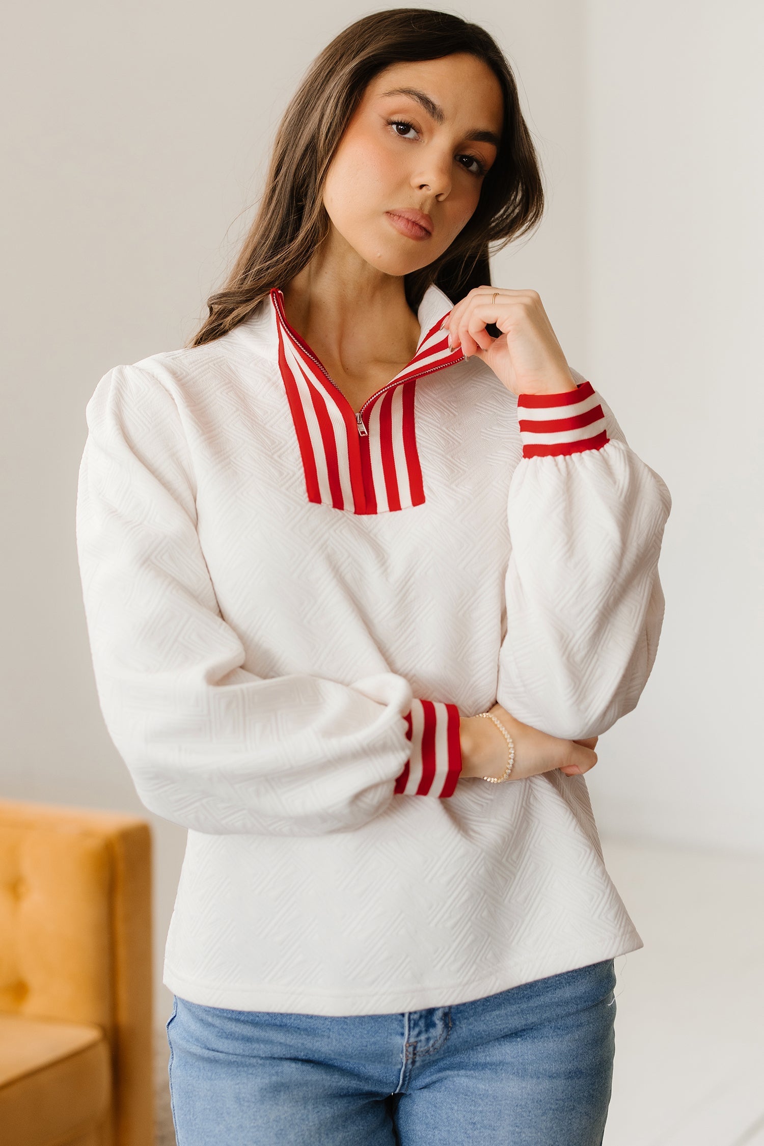 Textured Contrast Striped Accent Zip Collar Pullover Top - Tops/Long Sleeve Tops