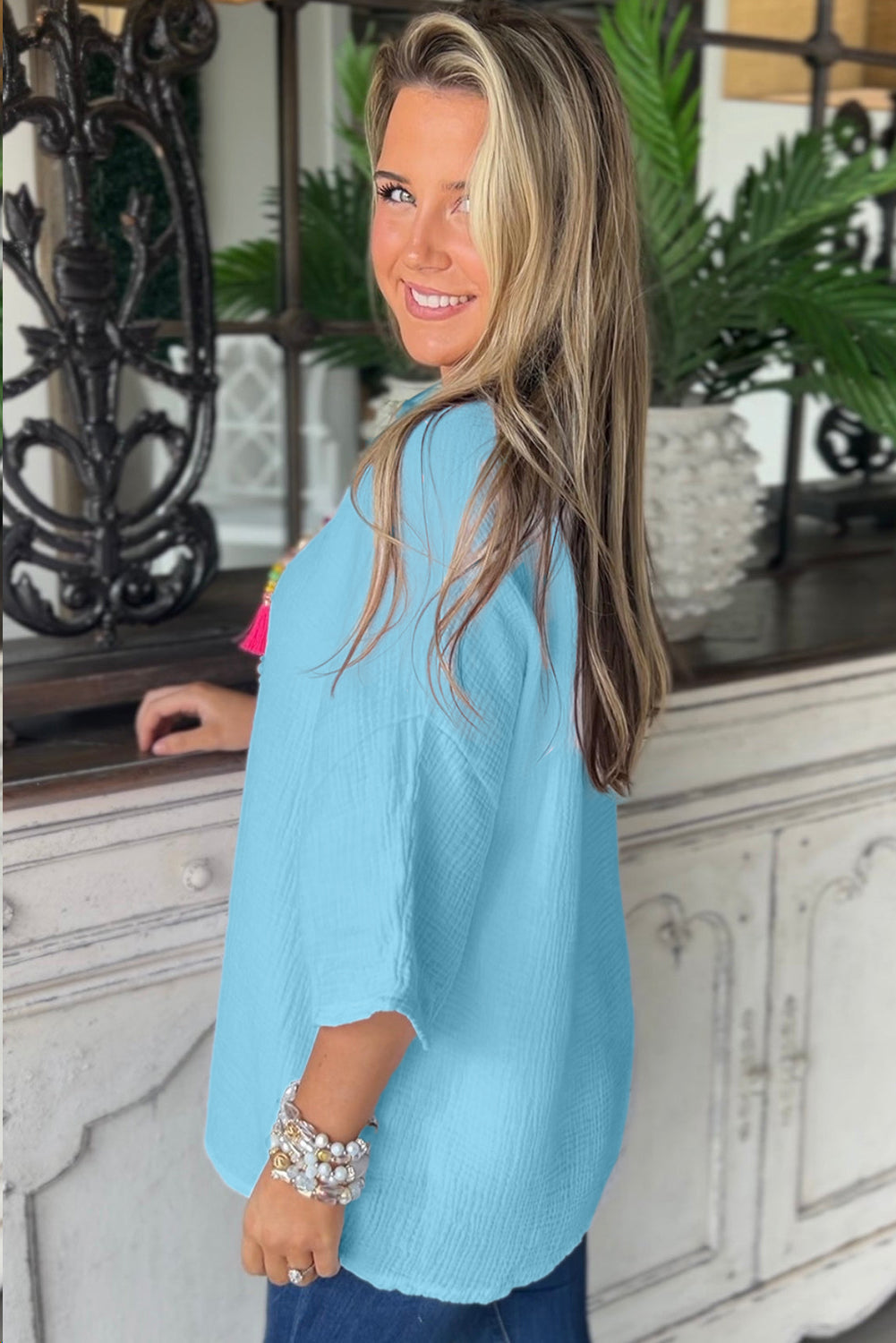 Aruba Blue Crinkled Bracelet Sleeve Flowy Blouse eAura