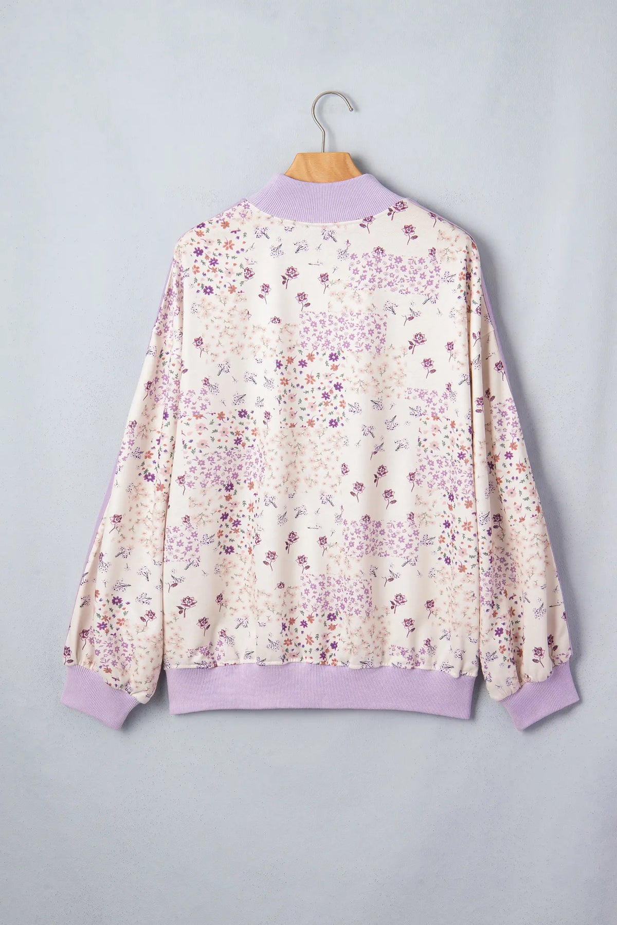 Floral Print High Neck Colourblock Sleeve Paneling Sweatshirt – Purple