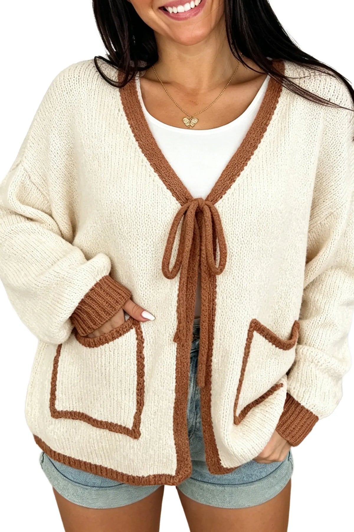 Cardigan Contrast Trim V-Neck Tie Front Loose Sweater