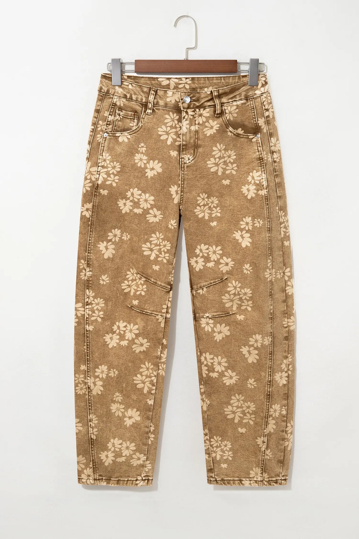 Floral Print Metal Button Pleated Straight Leg Jeans – Khaki