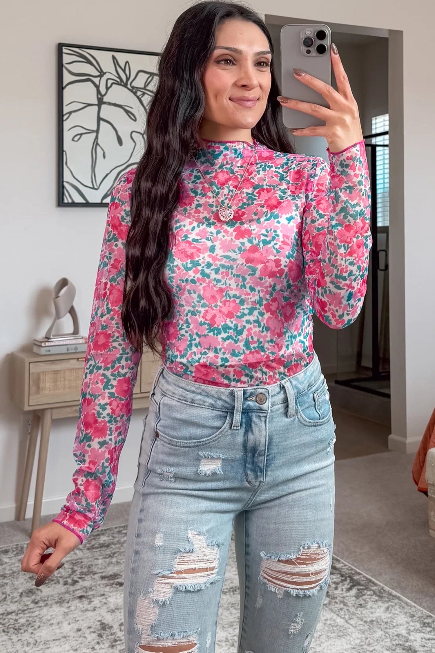 Slim Fit Floral Mesh Long Sleeve Mock Neck Top - eAura