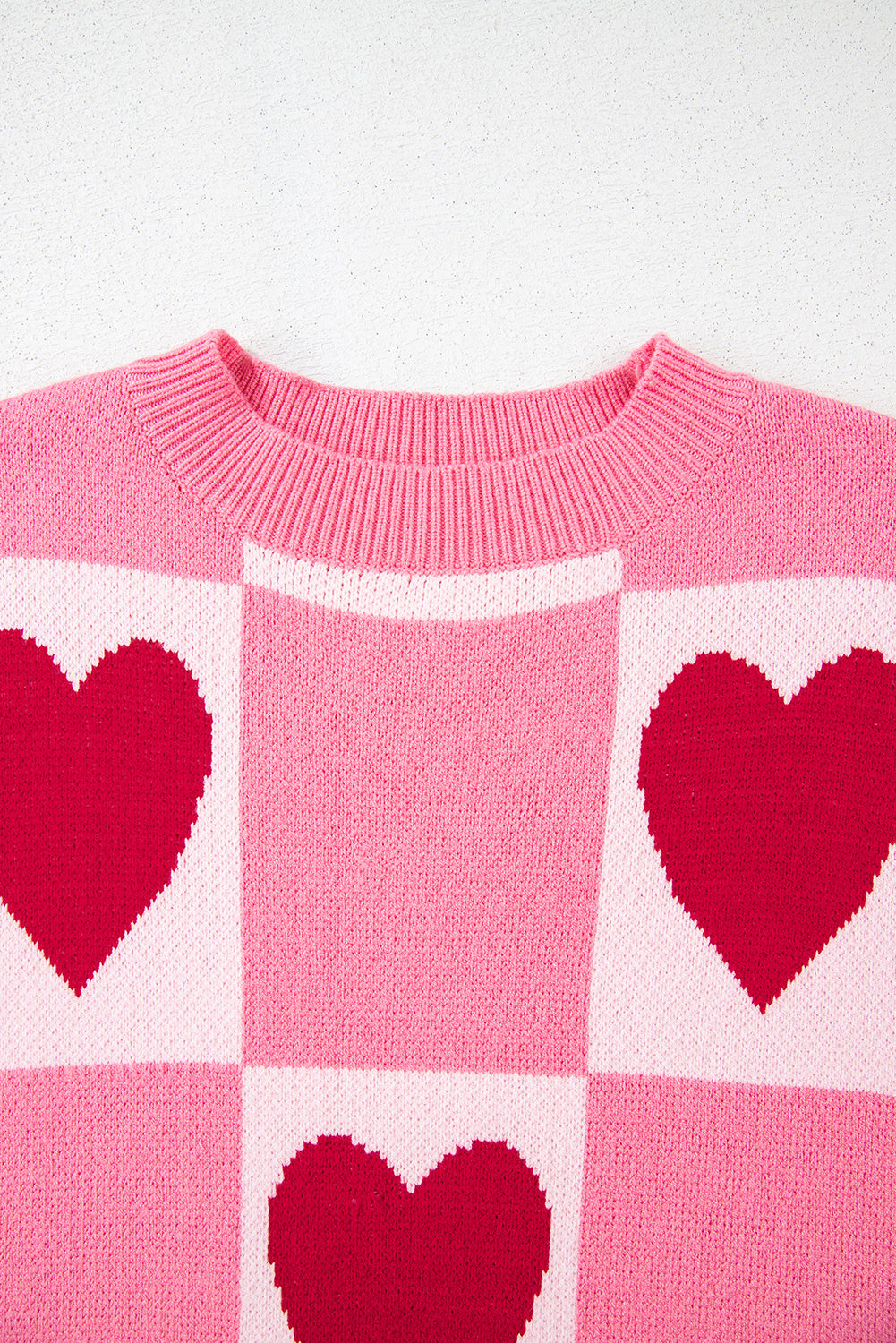 Pink Love Heart Checkered Valentine Crew Neck Sweater eAura