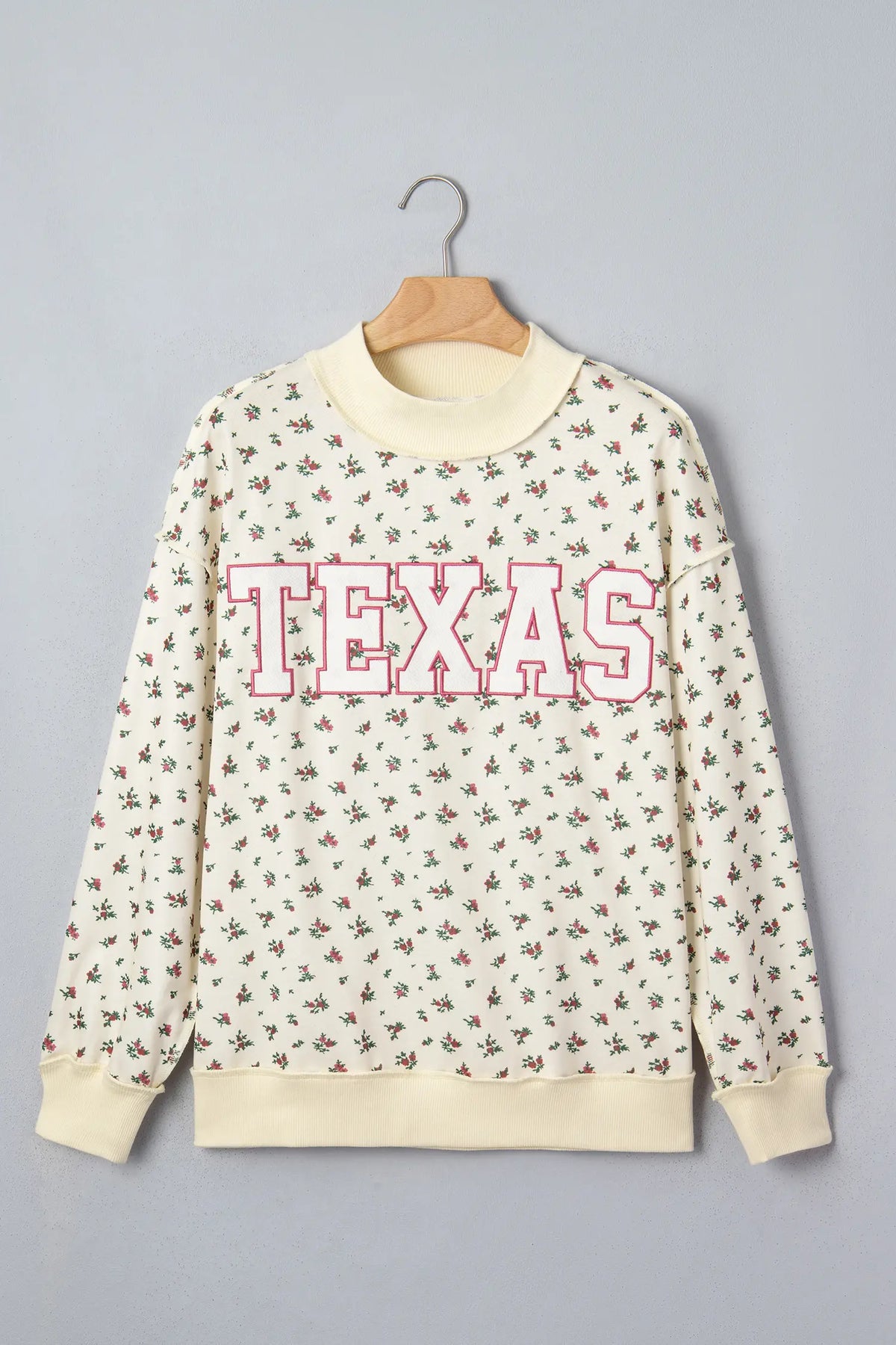 Floral Print Stand Neck Long Sleeve Slogan Sweatshirt – Beige