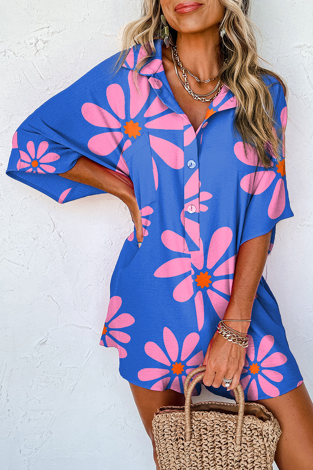 Blue Summer Flower Print Shirt Collar Button Front Loose Romper Dear-Lover Dropshipping
