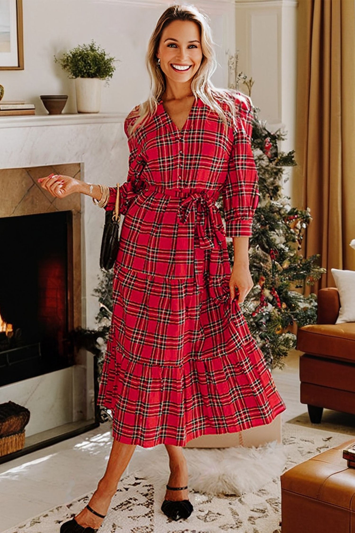 Christmas Plaid Print V-Neck 3/4 Sleeve Tie Waist Long Dress - eAura
