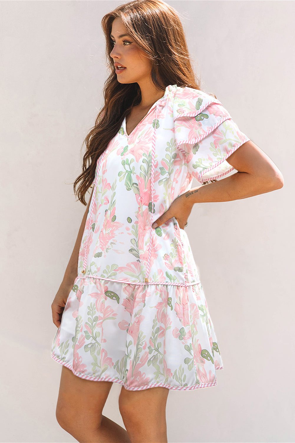 Floral Contrast Edge Layered Short Sleeve Mini Dress eAura