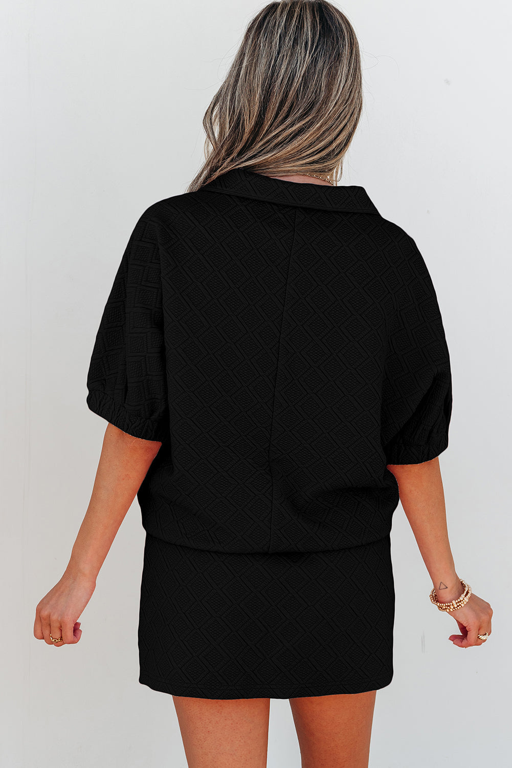 Black Striped Collared Zip up Textured Skirt Co-ord Set eAura