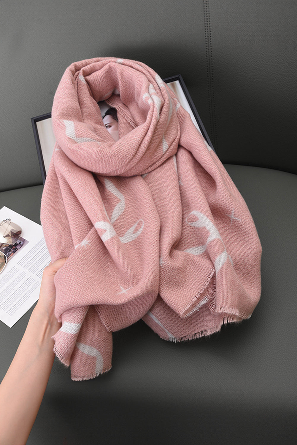 Pink Bow Star Print Raw Edge Lightweight Scarf Shewin
