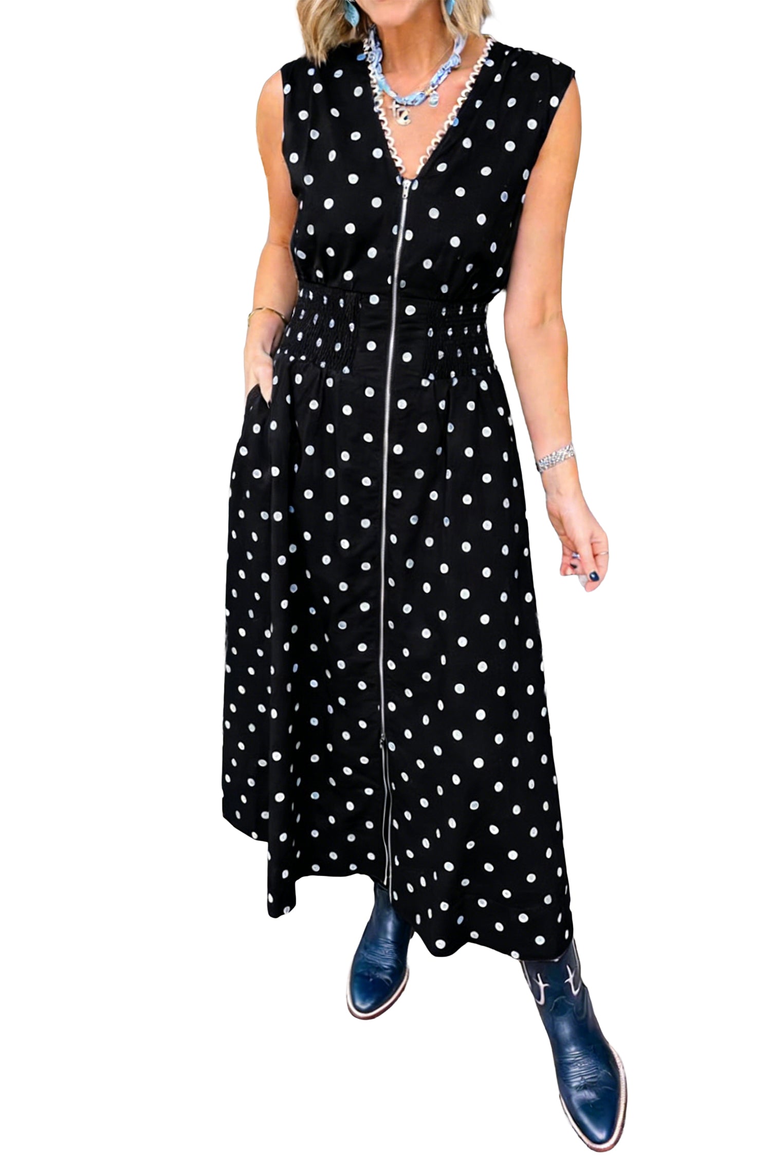 Polka Dot Print Contrast Trim V-Neck Zip-Up Sleeveless Dress