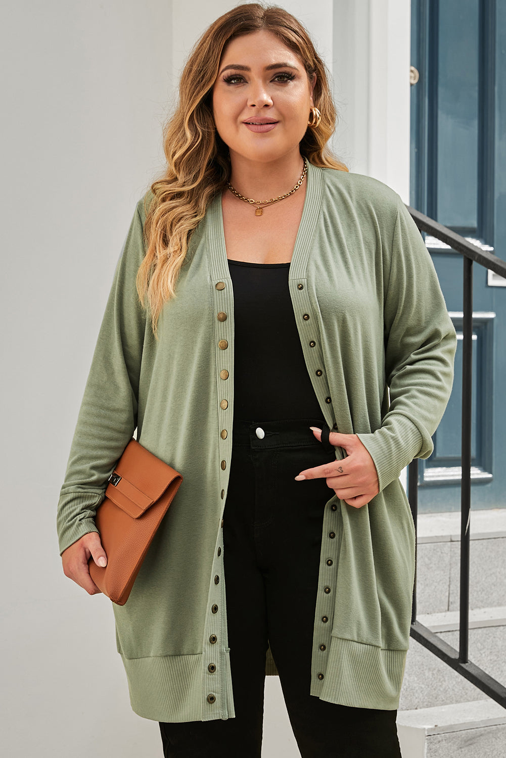 Green Plus Size Snap Buttons Front Knit Cardigan BB Fashion Outlet