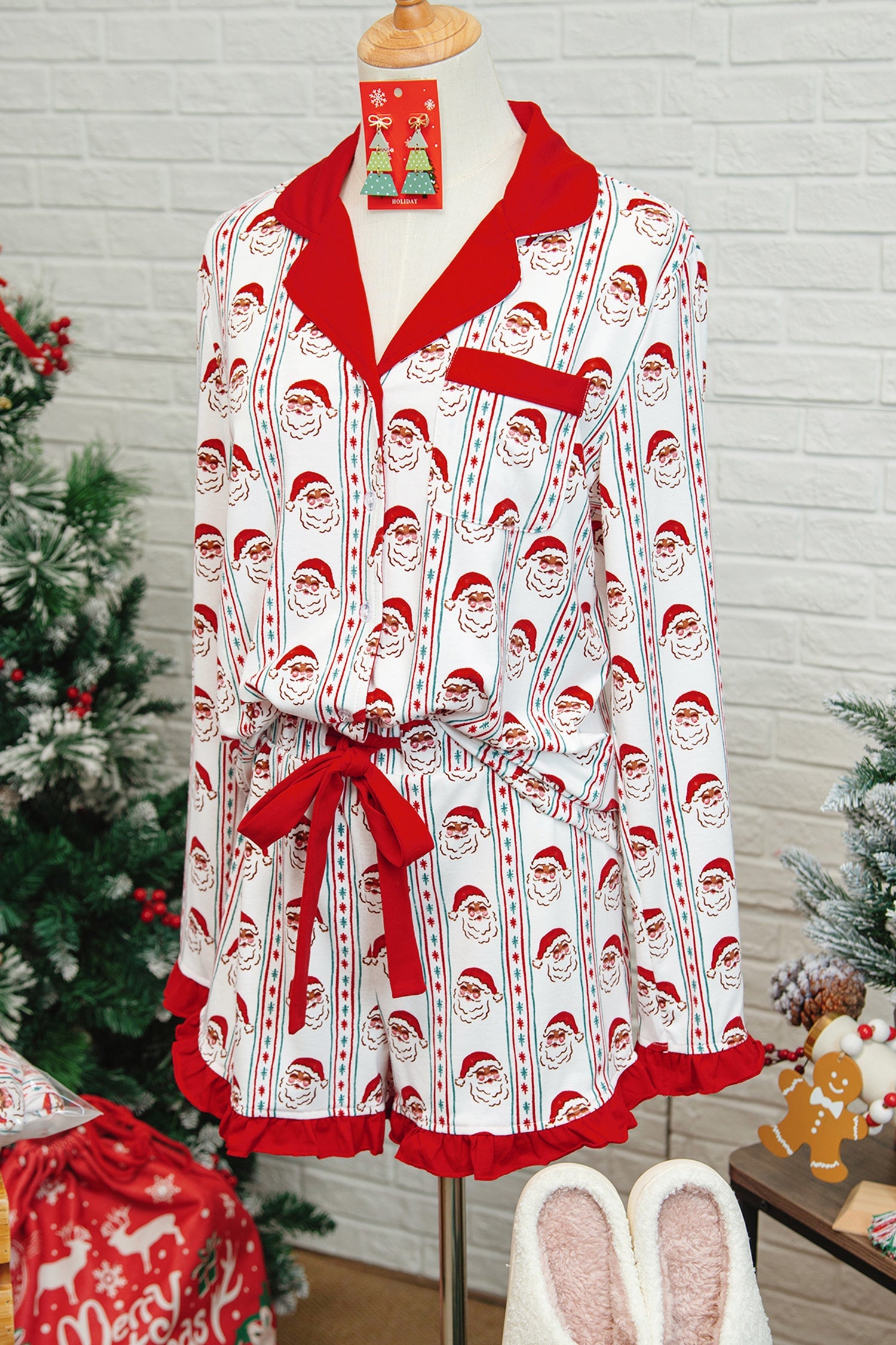 White Santa & Stripes Ruffle Pyjama Shorts Set - Loungewear Sleepwear/Sleepwear
