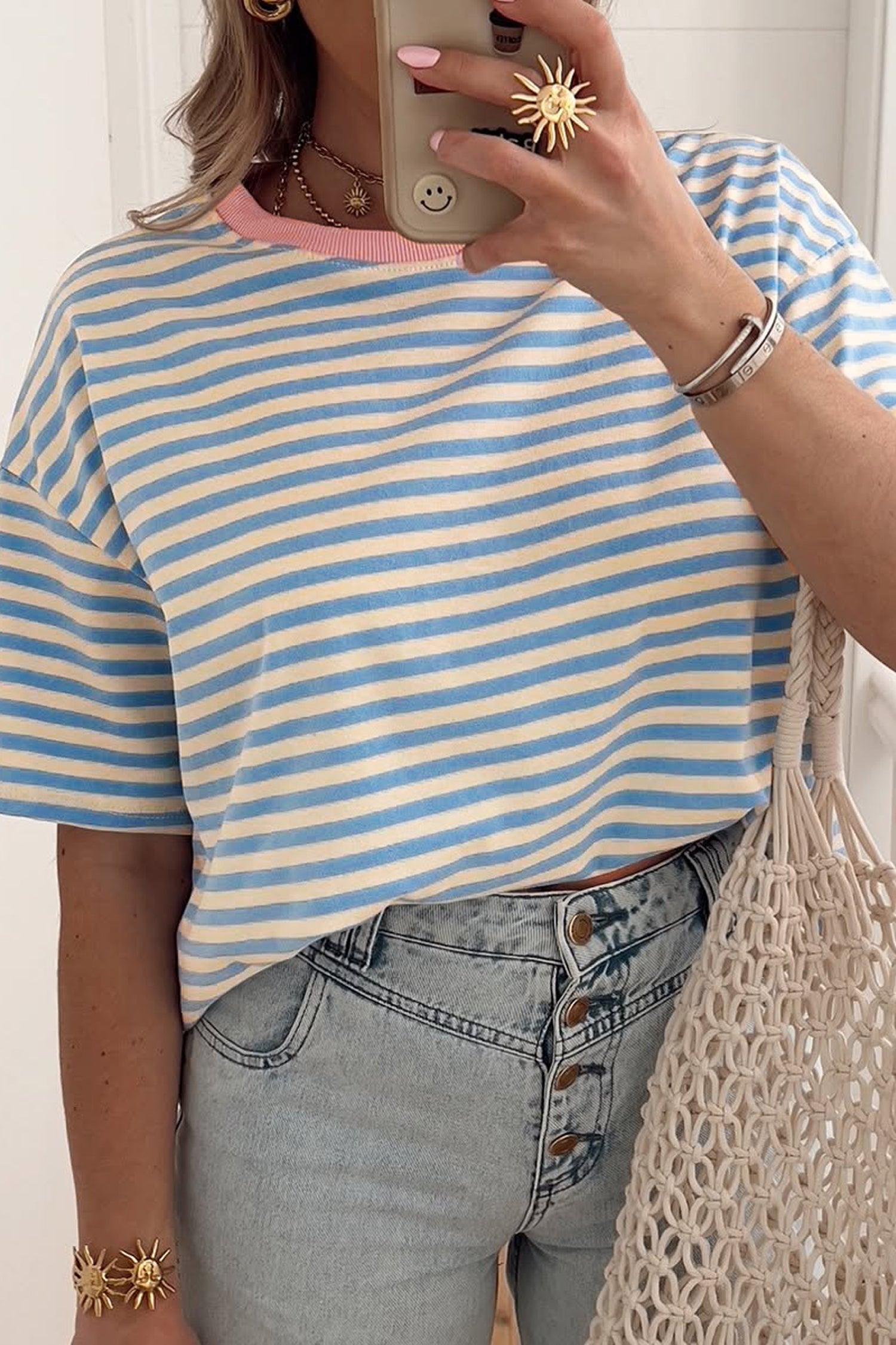 Stripe Contrast Crew Neck Drop Shoulder Loose Tee
