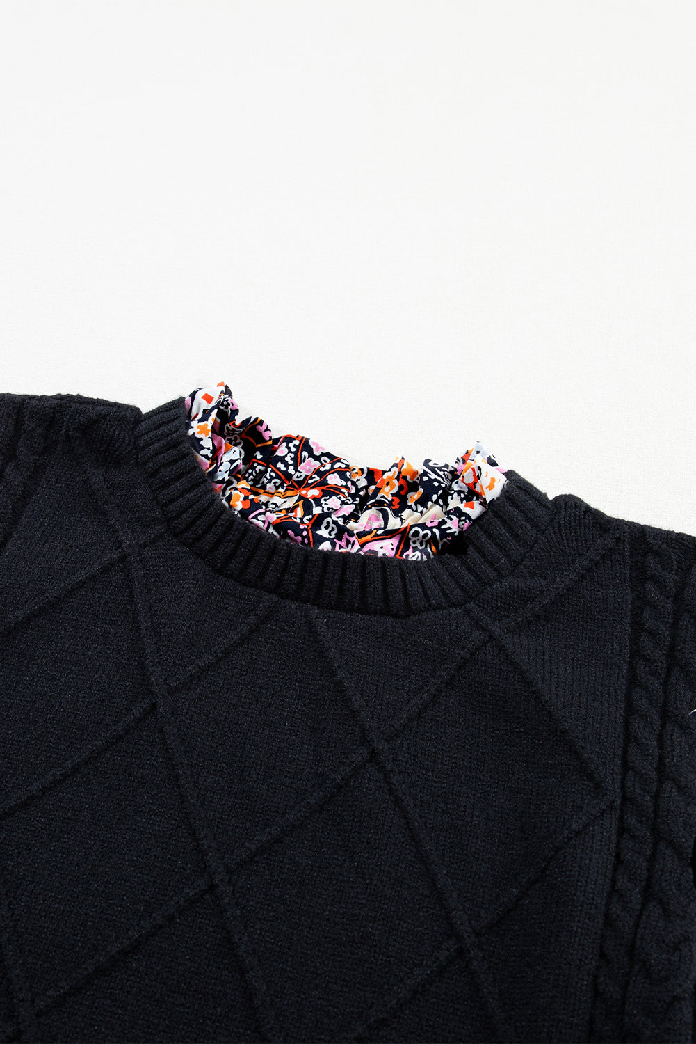 Black Contrast Floral Sleeve Peplum Sweater eAura