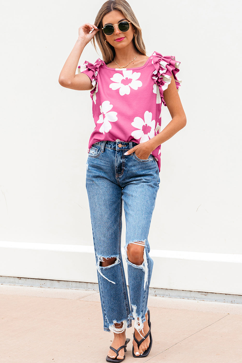 Floral Textured Ruffled Short Sleeve Square Neck Blouse eAura